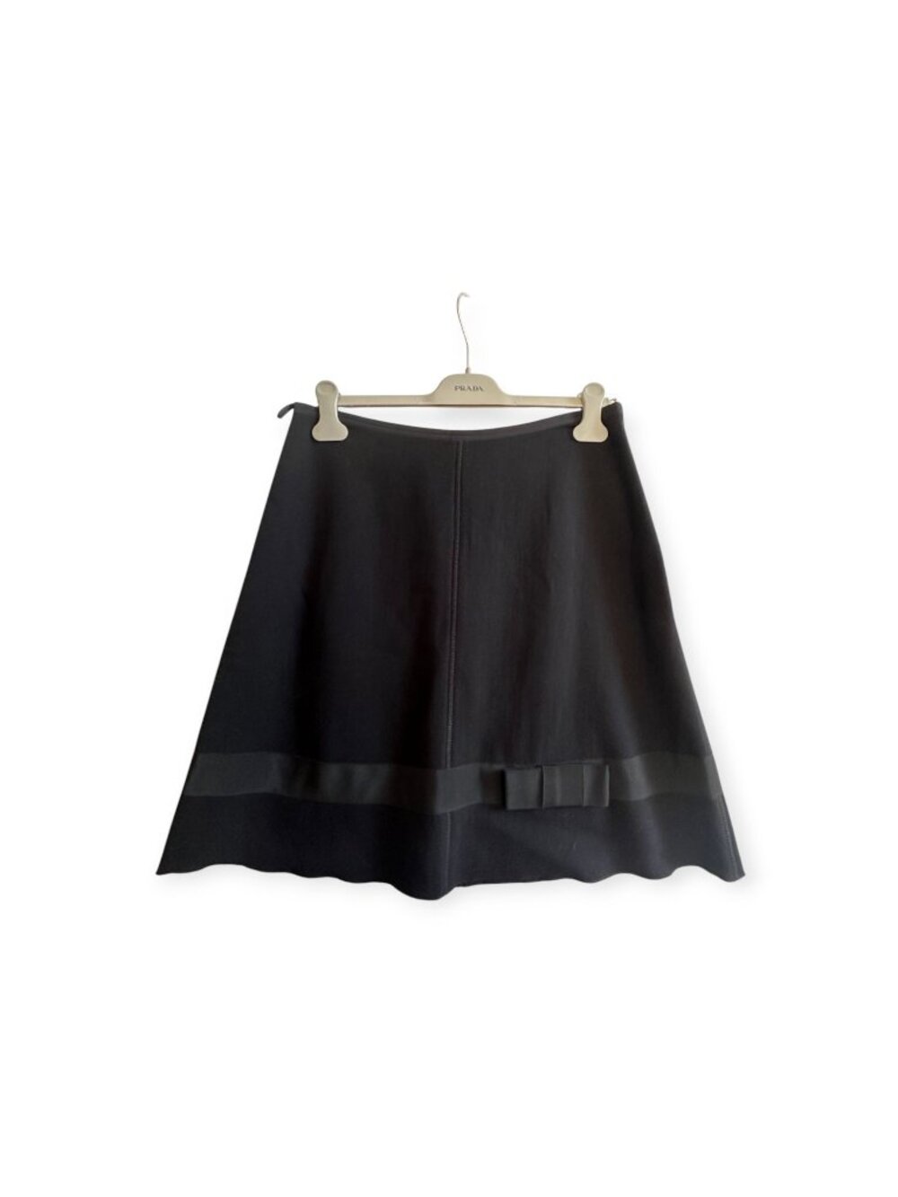 Prada Black Virgin Wool A-Line Skirt IT 46 Grosgrain Bow Vintage